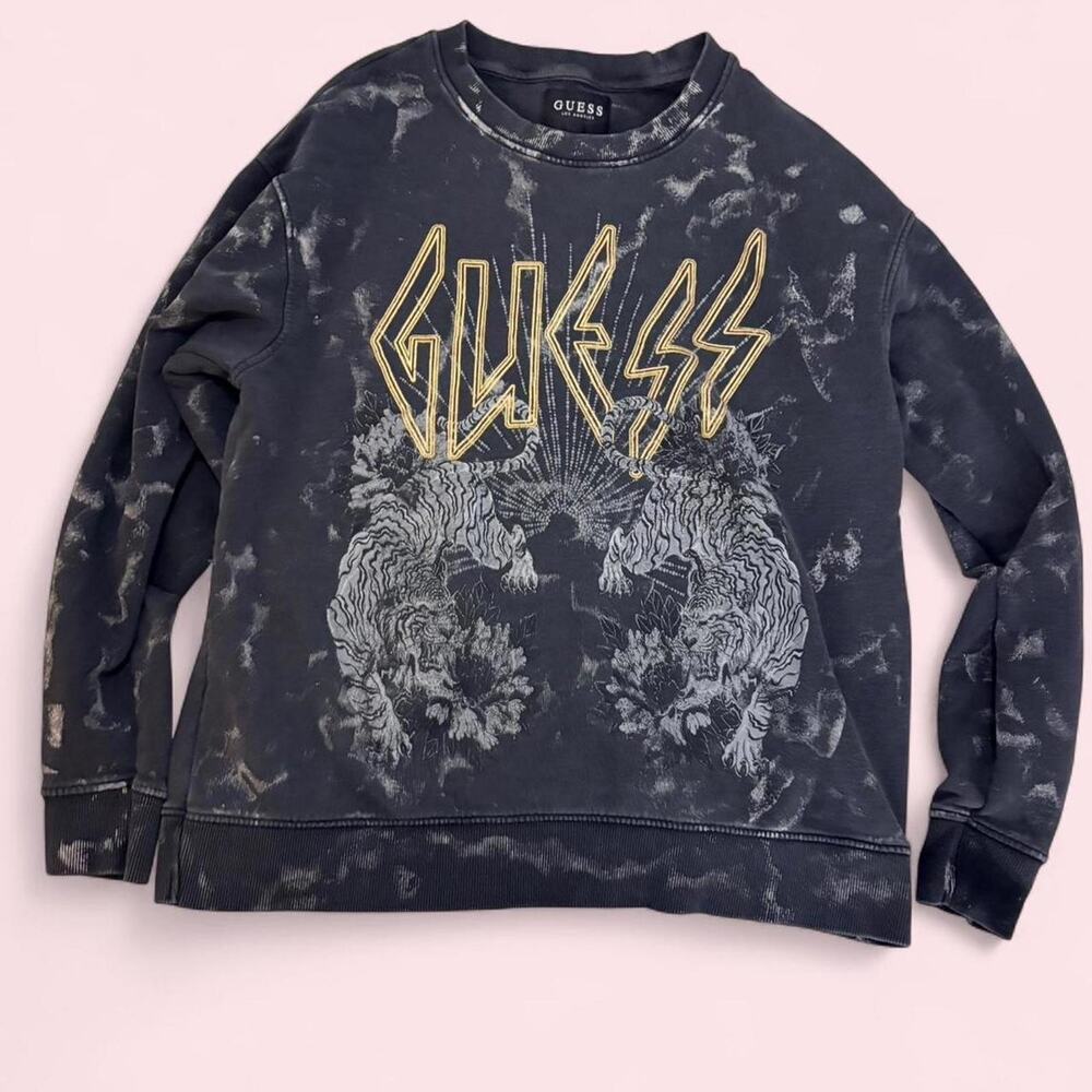 Guess Women's Size L Black Graphic Sweatshirt with Tiger Design Y2K Mcbling Wild